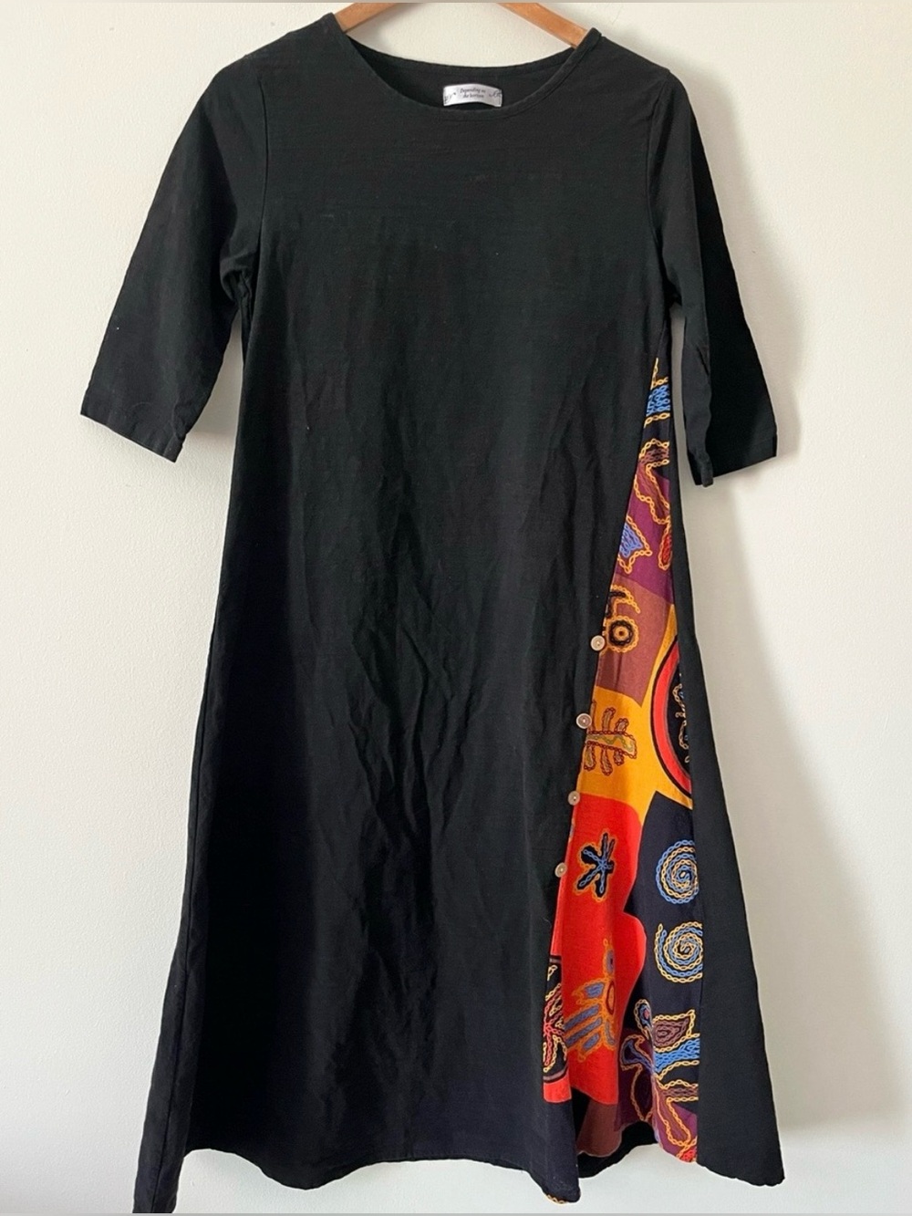 Depending on the Horizon Black Midi Dress Colorful Batik Panel Fall Lagenlook S